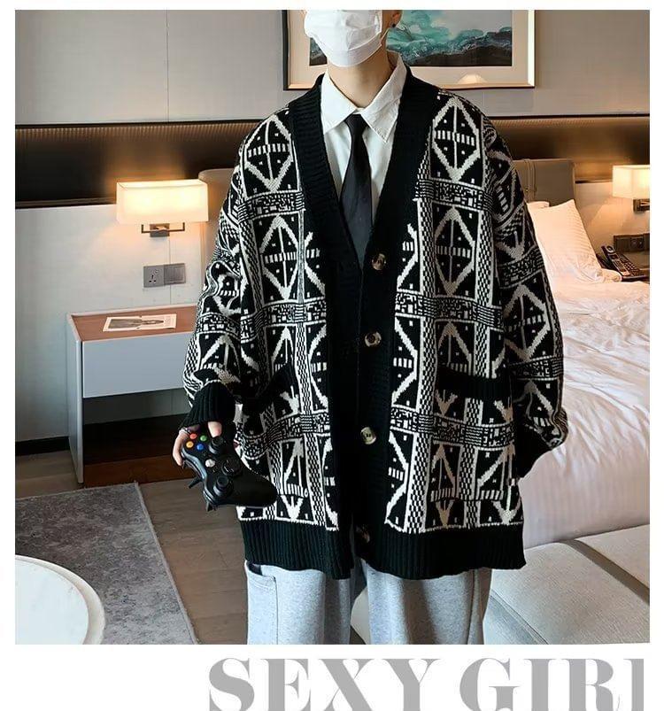 V-Neck Patterned Contrast Trim Button-Up Cardigan Product Image
