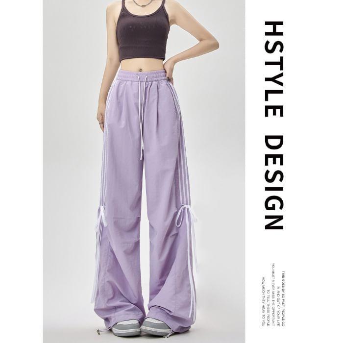 High Waist Bow Accent Striped Loose-Fit Wide-Leg Sweatpants Product Image