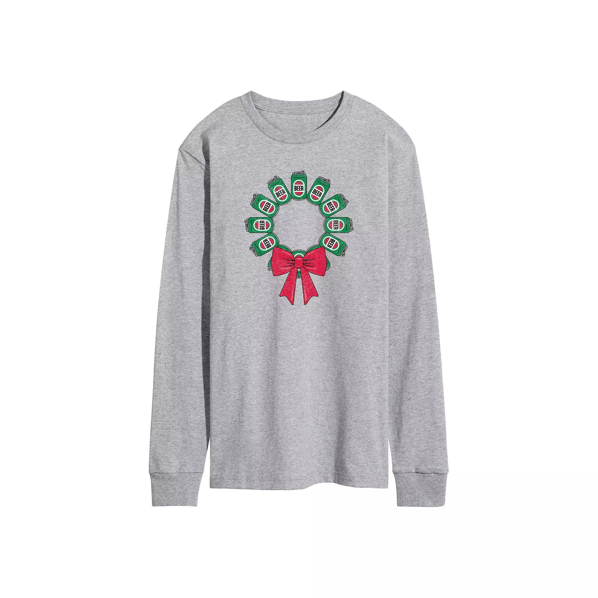 Mens Beer Christmas Wreath Long Sleeve Graphic Tee Grey Gray Product Image