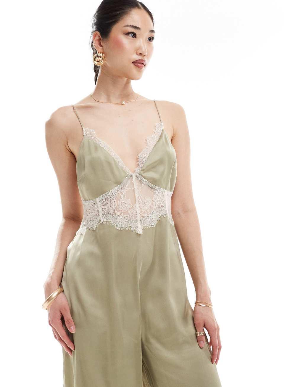 ASOS DESIGN lace insert satin cami jumpsuit in khaki  Product Image