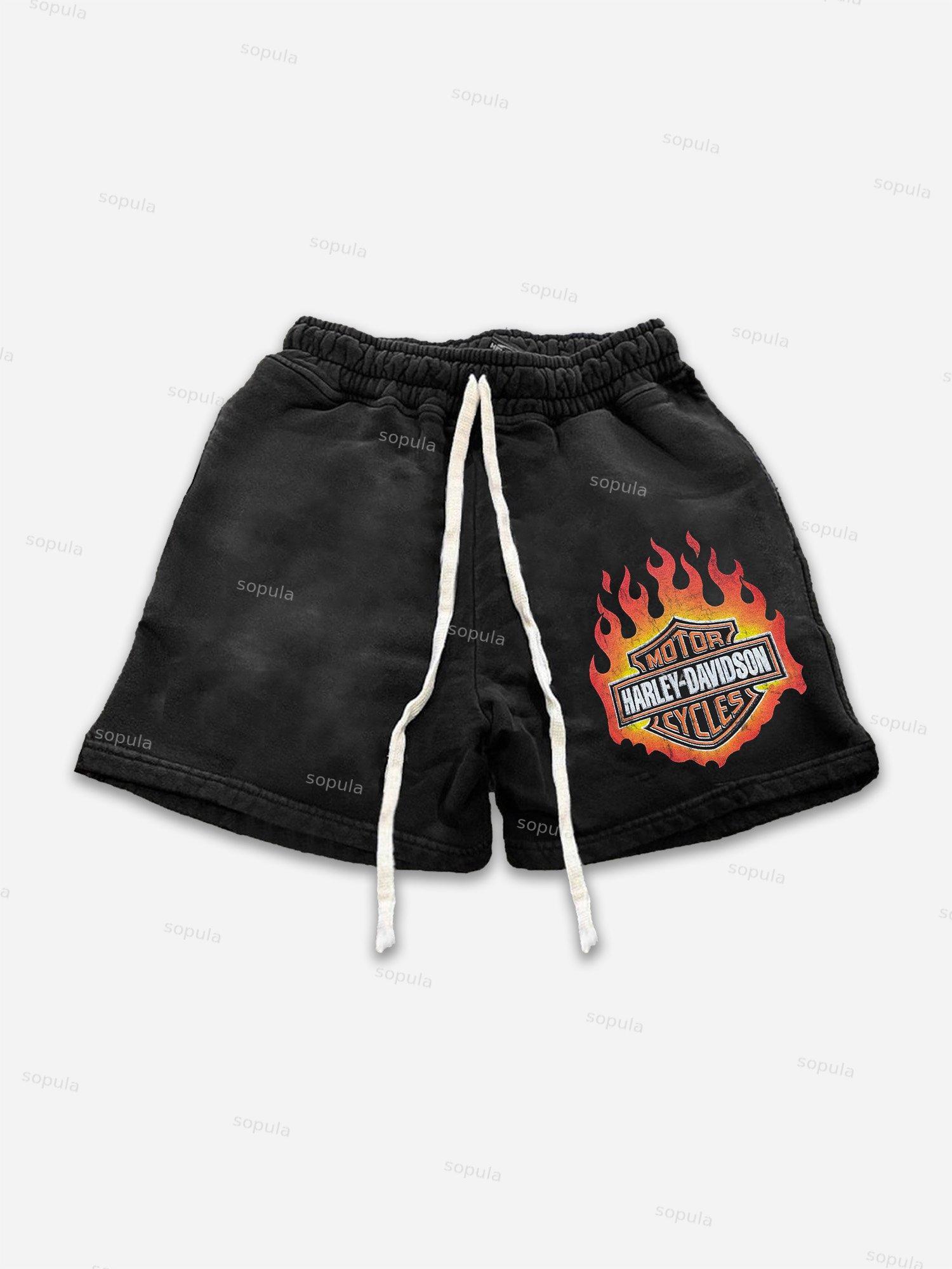 Sopula Vintage Flames Harley Davidson 90s Graphic Drawstring Shorts Product Image