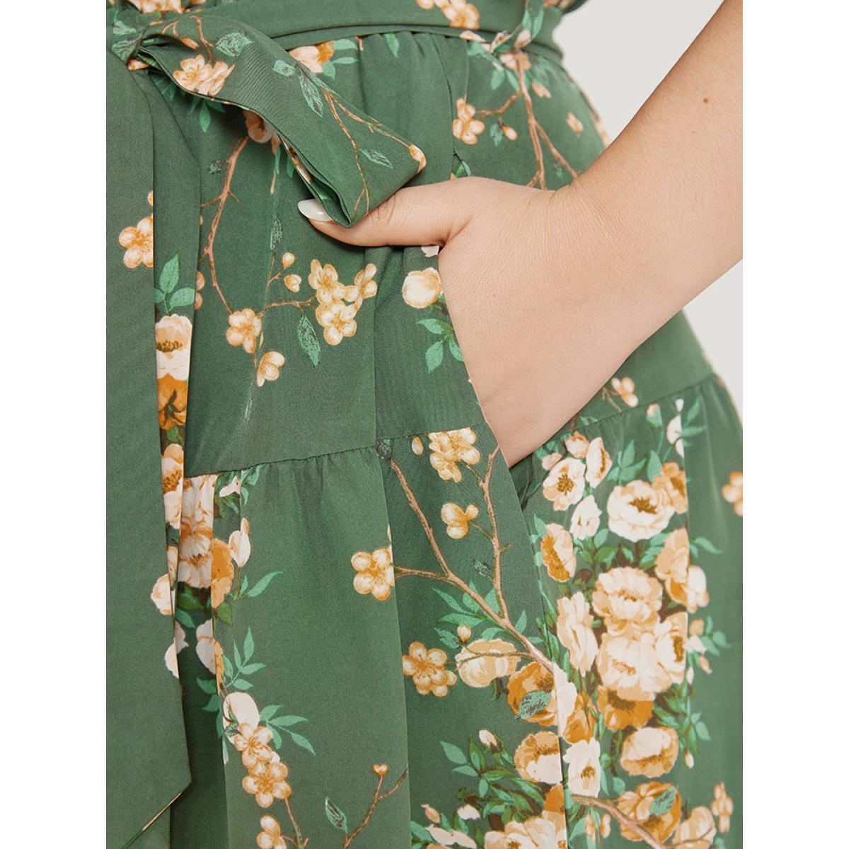 Plus Size Floral Print Wrap Belted Pocket Ruffle Hem Dress Green Women Elegant Lined V-neck Short sleeve Curvy Midi Dress BloomChic 22-24/3X Product Image