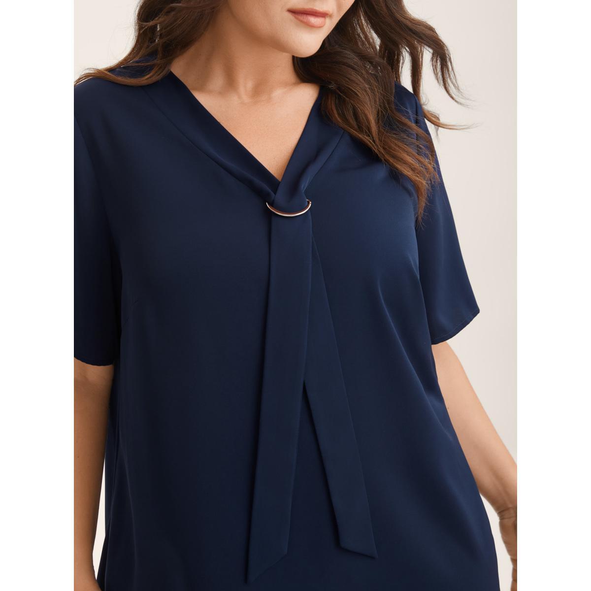 Plus Size Midnight Ribbon Neck Metallic Detail Solid Blouse Women Short sleeve Ribbon-tied collar Work Blouses BloomChic 12/L Product Image