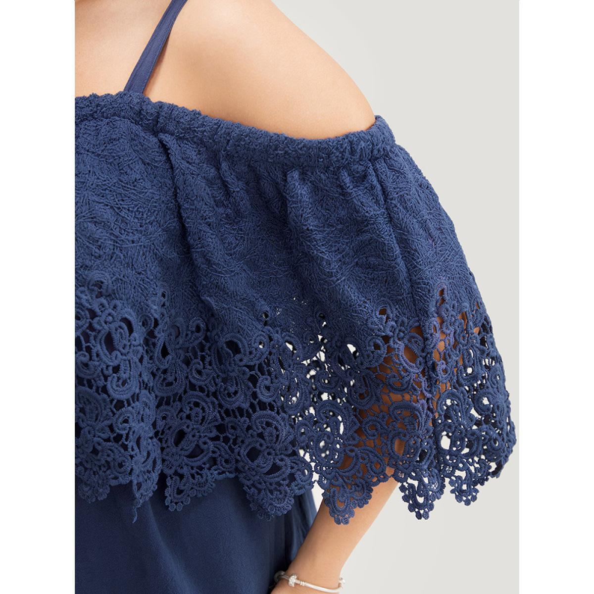 Plus Size Navy Plain Lace Trim Pocket Cold Shoulder Jumpsuit Women Elegant Short sleeve Cold Shoulder Dailywear Loose Jumpsuits BloomChic 22-24/3X Product Image