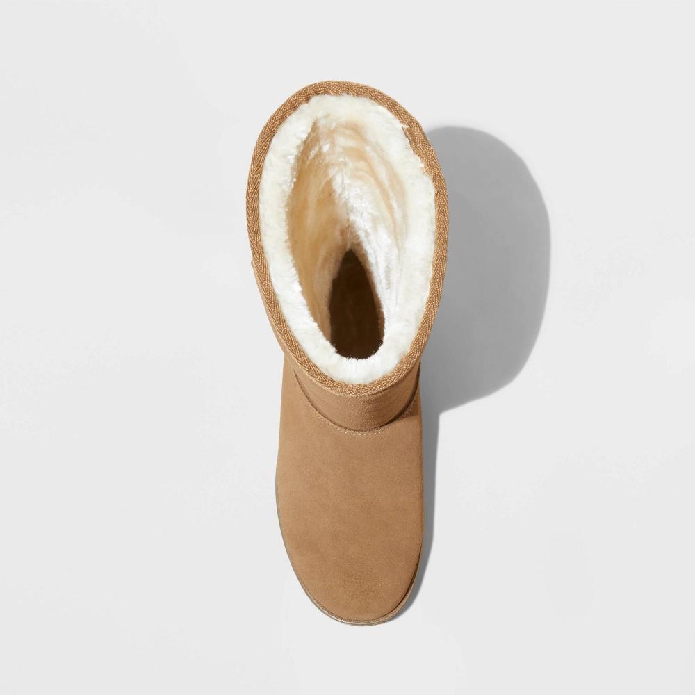Womens Sarah Suede Shearling Winter Boots - Universal Thread Tan 5: Mid Calf, Pull-On, Cushioned Insole, Textured Outsole Product Image