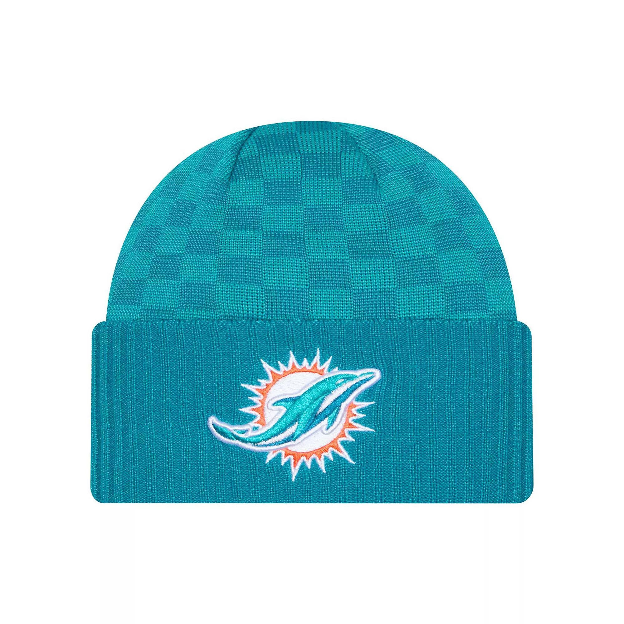 Men's New Era Aqua Miami Dolphins Checkered Cuffed Knit Hat, Turquoise A Product Image