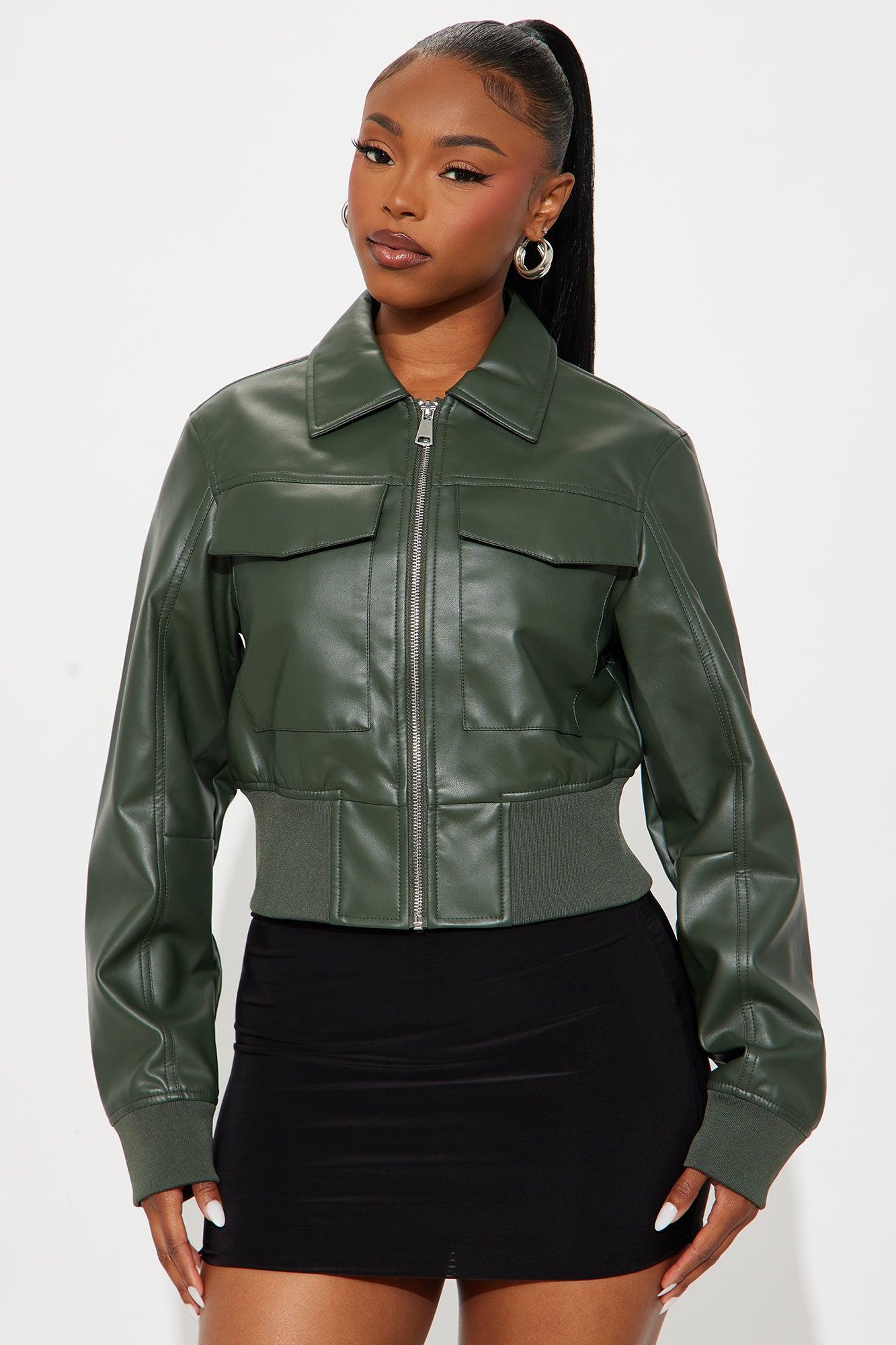 Jordyn Faux Leather Bomber Jacket - Olive Product Image