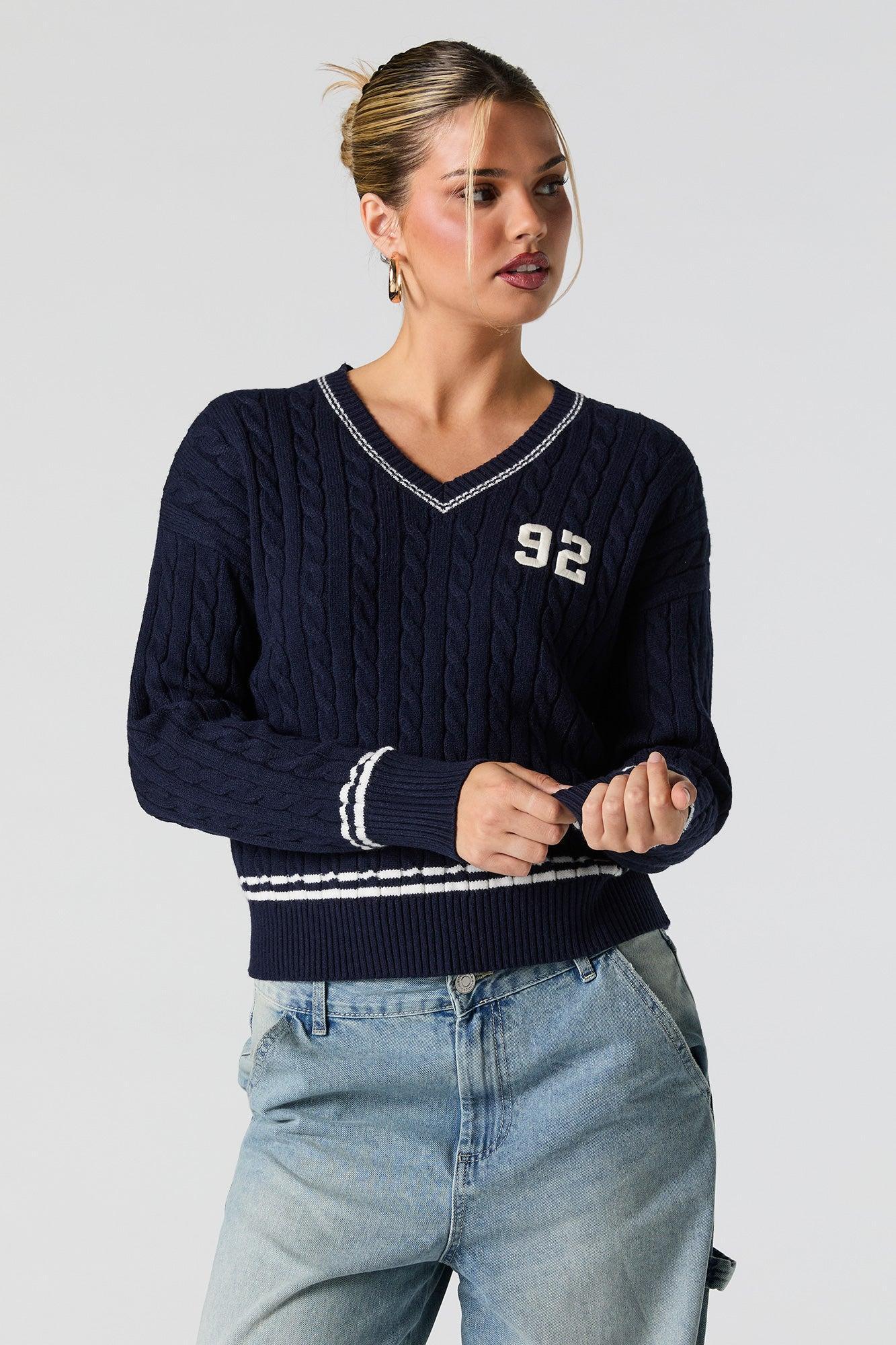 Number Embroidered Cable Knit Sweater Female Product Image