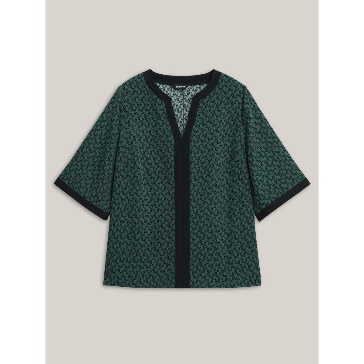 Plus Size DarkGreen Geometric Print Color Contrast Blouse Women Elbow-length sleeve Flat collar with V-notch Work Blouses BloomChic 22-24/3X Product Image