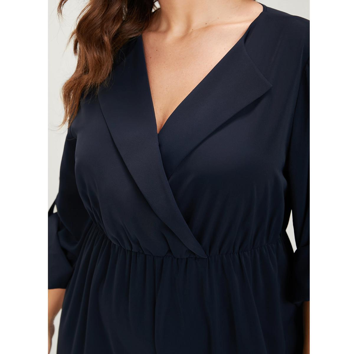 Plus Size DarkBlue Solid Pocket Button Cuffed Sleeve Suit Collar Jumpsuit Women Office Long Sleeve Suit Collar Work Loose Jumpsuits BloomChic 26/4X Product Image