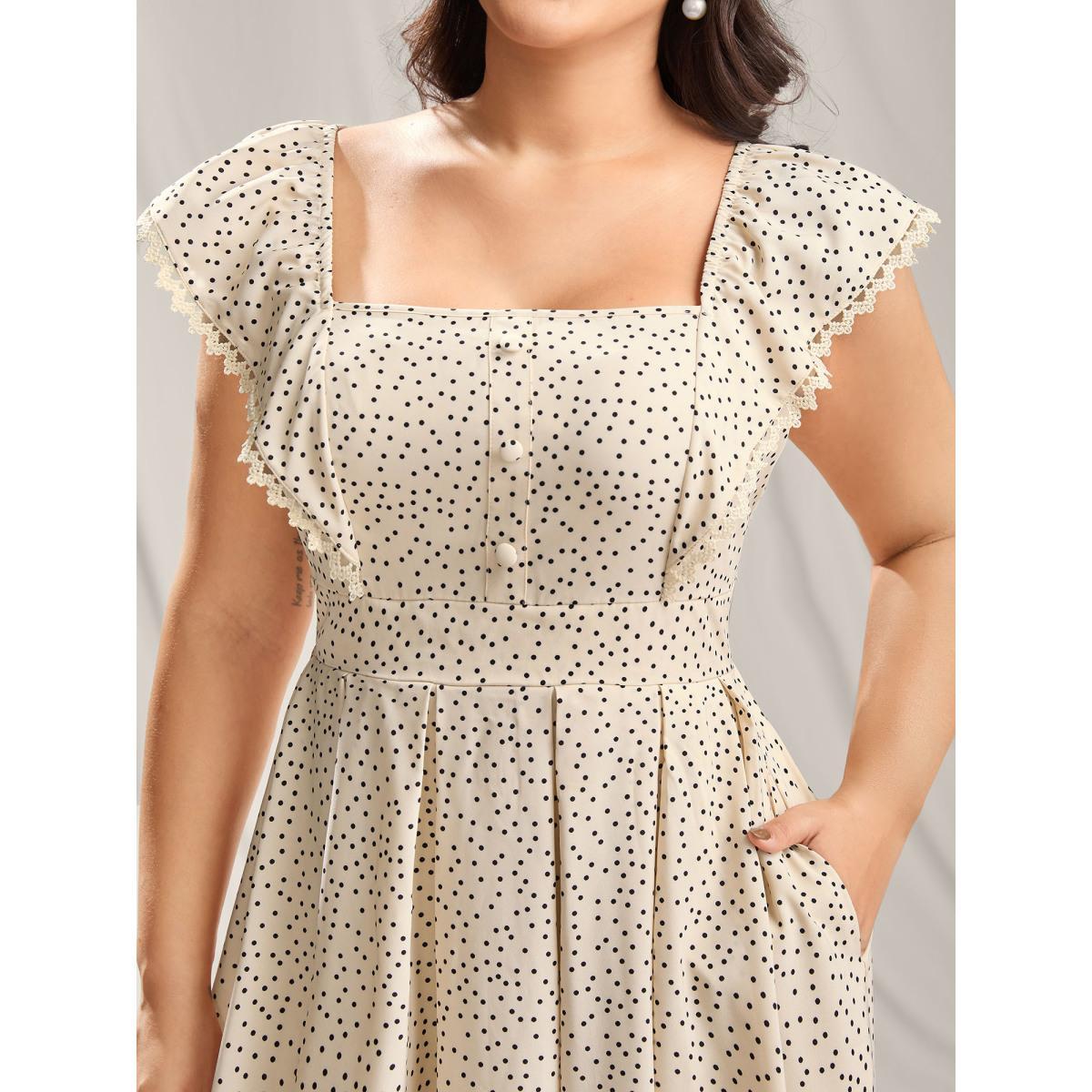 Plus Size Polka Dot Cinched-Waist Pockets Midi Dress Apricot Women Square Neck Cap Sleeve Curvy BloomChic 18-20/2X Product Image