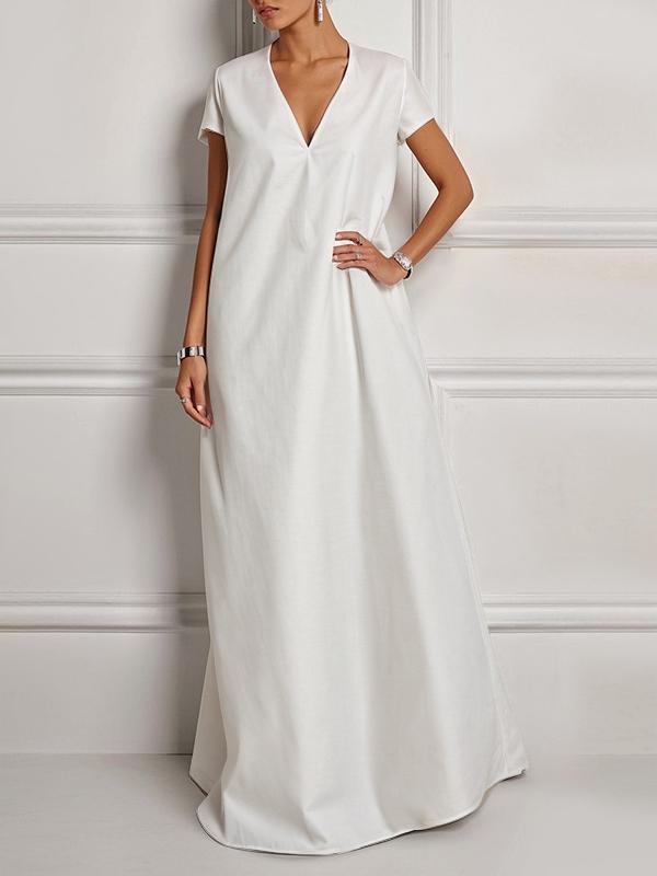Loose Short Sleeves Solid Color V-Neck Maxi Dresses Product Image
