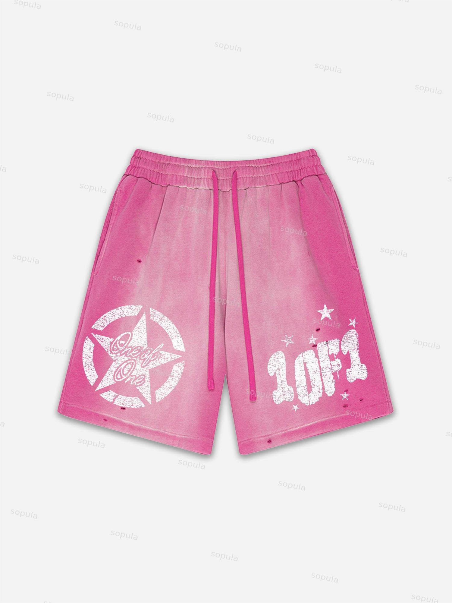 One Of One Star Print Vintage Washed Ripped Shorts Product Image