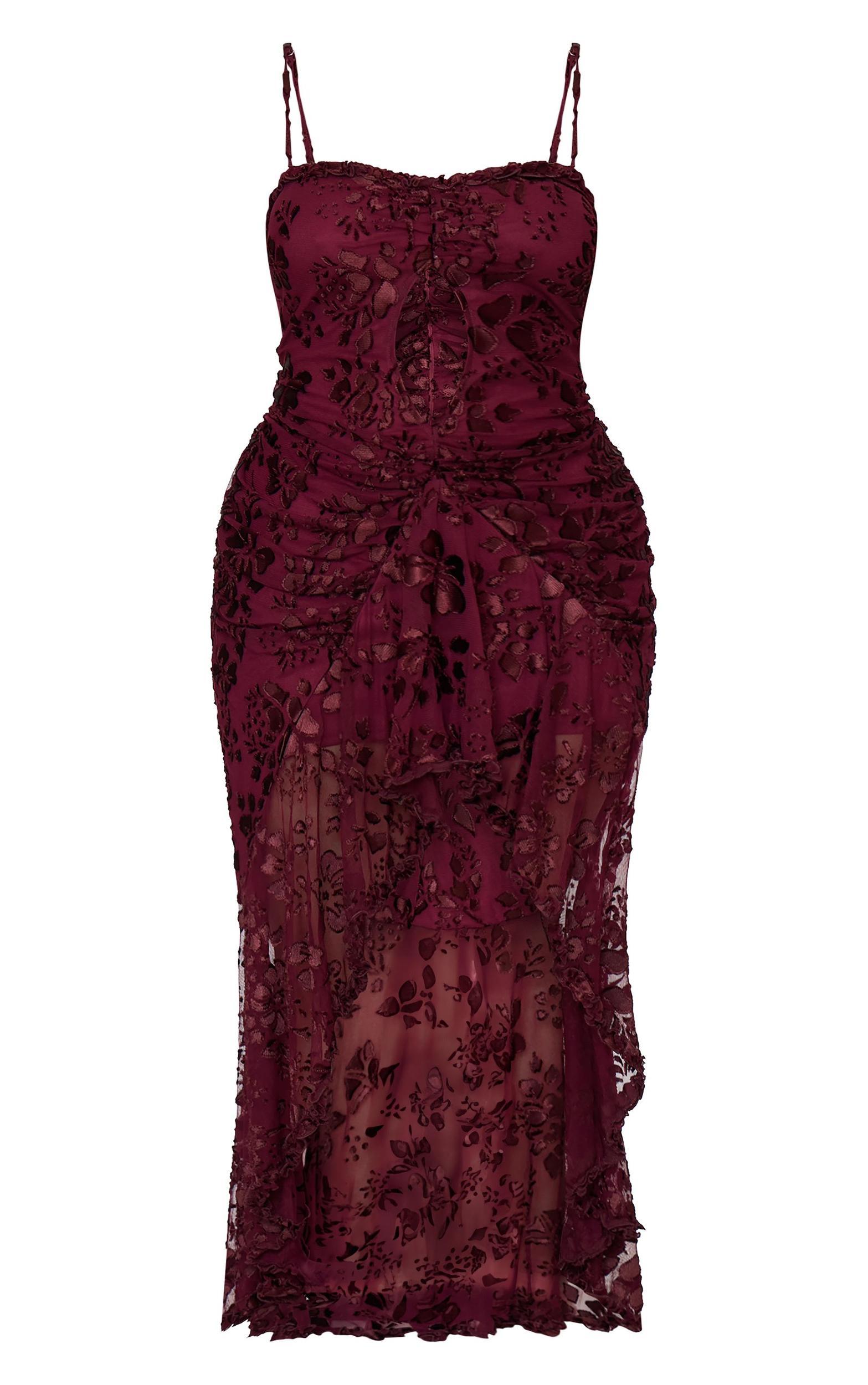 Plus Cherry Red Devore Cut Out Frill Detail Dress Product Image