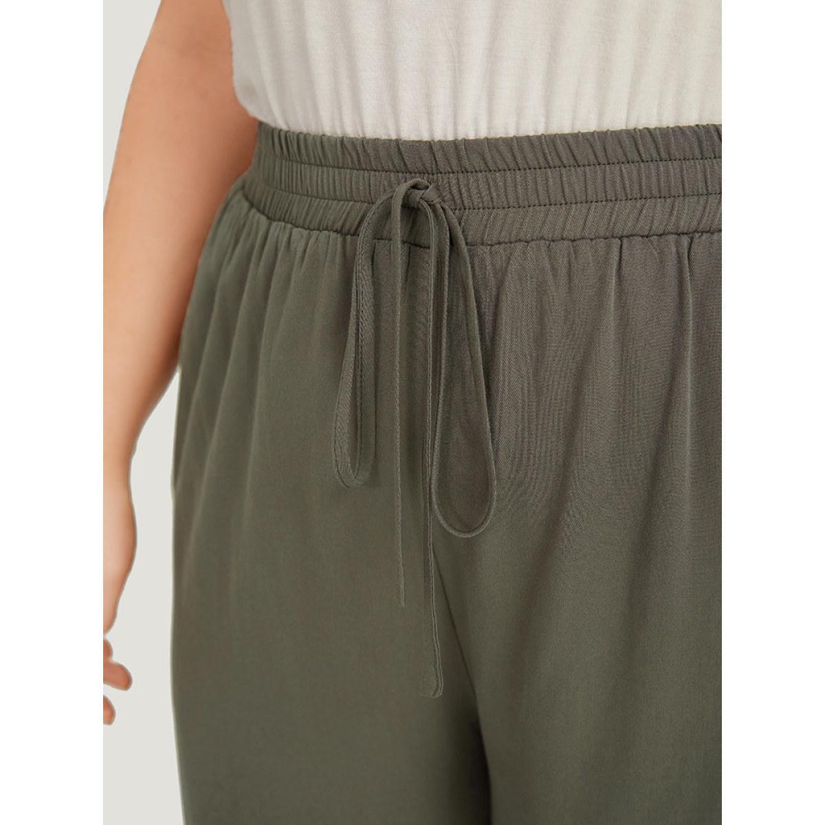 Plus Size Solid Elastic Waist Pocket Ties Pants Women ArmyGreen Casual Straight Leg High Rise Dailywear Pants BloomChic 28/5X Product Image