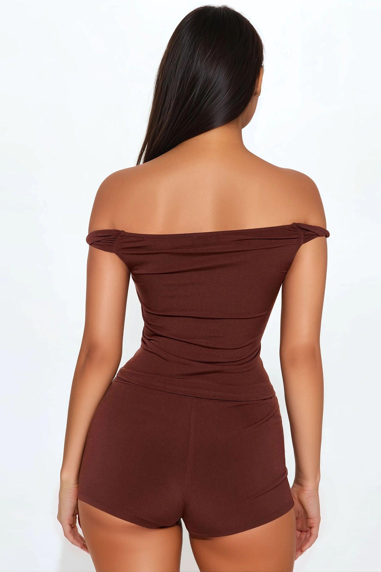 Vanessa Off Shoulder Micro Short Set - Brown Product Image