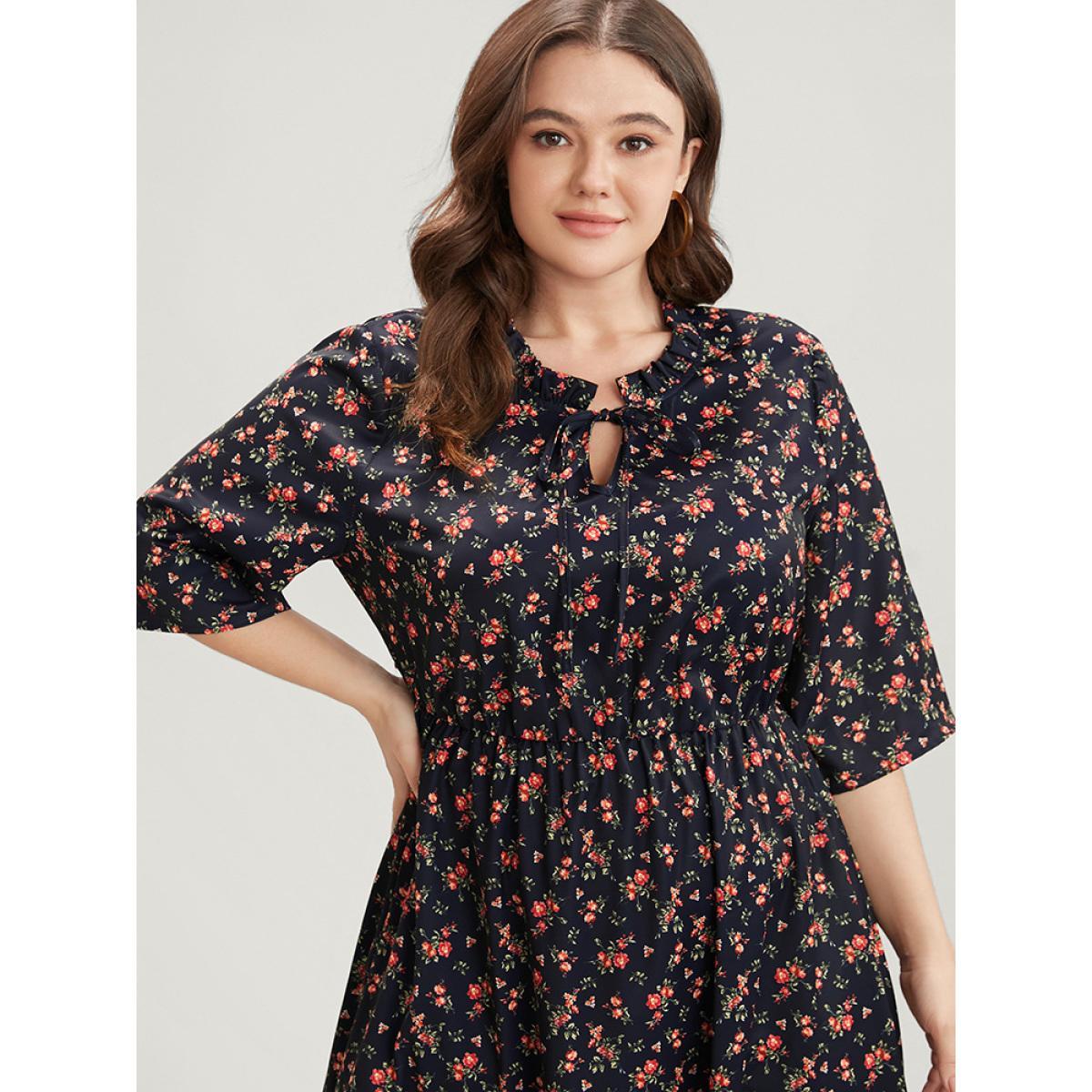 Plus Size Ditsy Floral Frill Trim Tie Neck Pocket Arc Hem Dress DarkBlue Women Elegant Cross straps Round Neck Half Sleeve Curvy Midi Dress BloomChic 18-20/2X Product Image