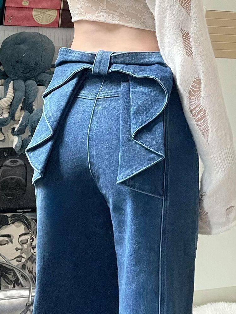 High Waist Bow Accent Straight-Fit Wide-Leg Jeans Product Image