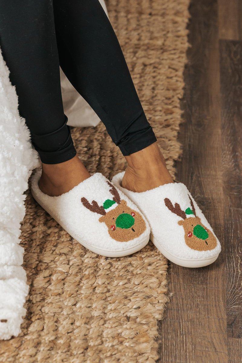 Cream Faux Plush Reindeer Slippers-FINAL SALE Product Image