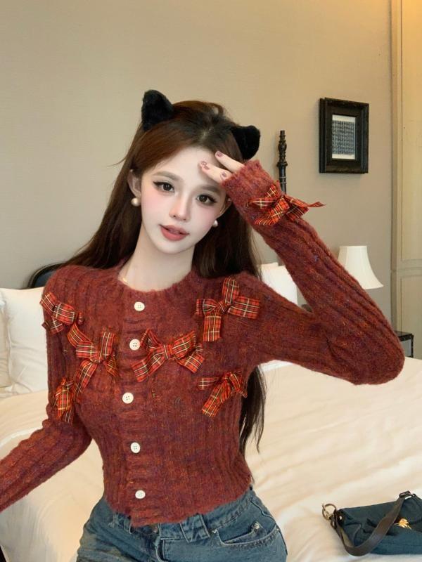 Crew Neck Bow Melange Cardigan Product Image