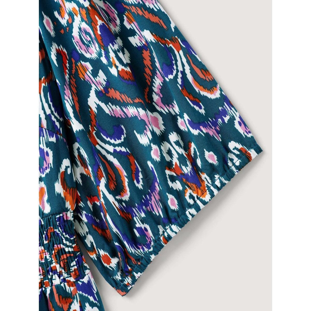Plus Size Abstract Print Shirred Waist Midi Dress Aegean Women Flat collar with V-notch Half Sleeve Curvy BloomChic 18-20/2X Product Image