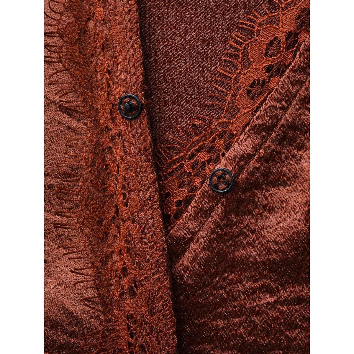 Plus Size Browncoffeecolor Overlap Collar Shirred Lace Trim Blouse Women Cocktail Long Sleeve Overlap Collar Party Blouses BloomChic 14-16/1X Product Image