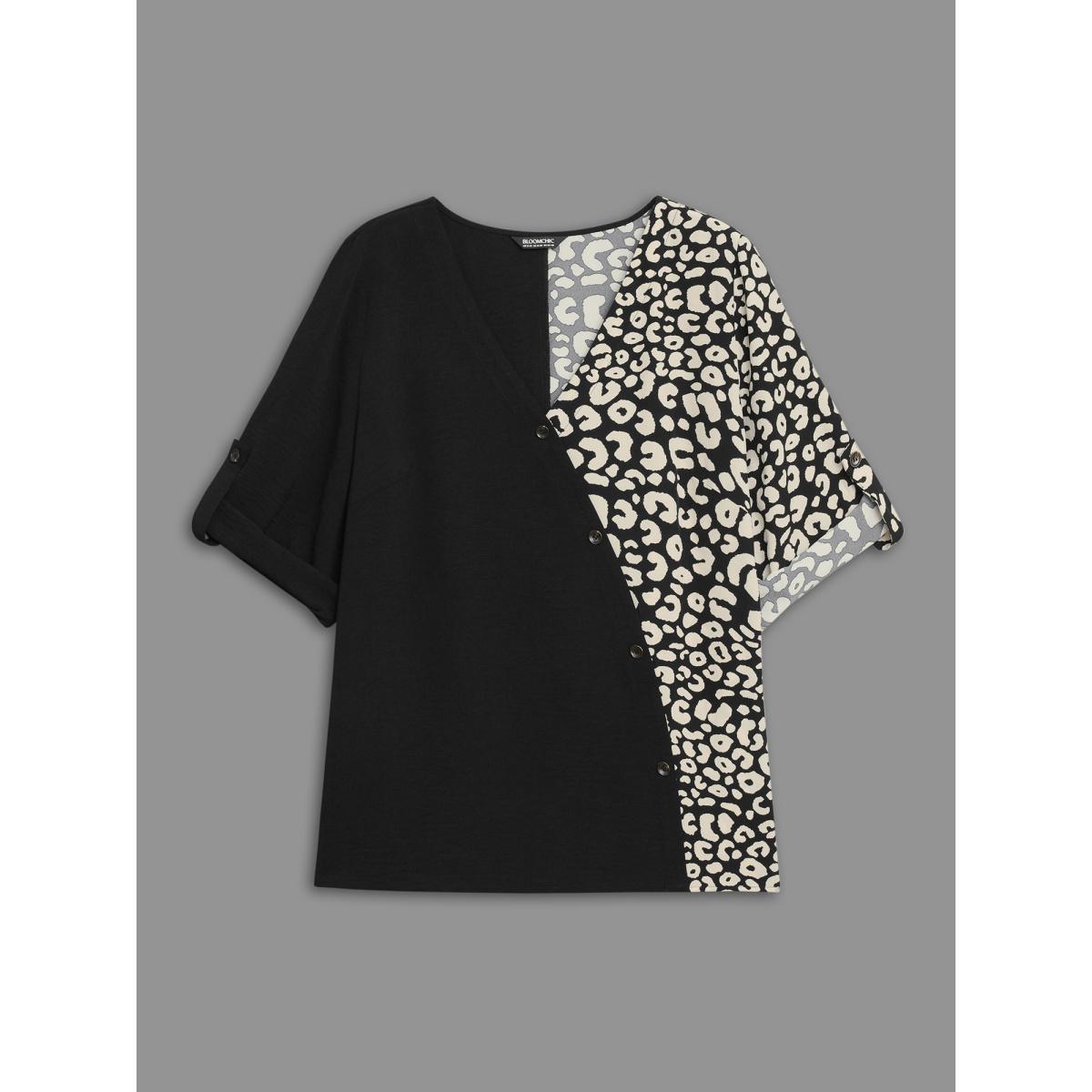 Plus Size Black Leopard Print Spliced Tab Sleeve Blouse Women Elegant Extra Long Sleeve V-neck Everyday Blouses BloomChic 28/5X Product Image