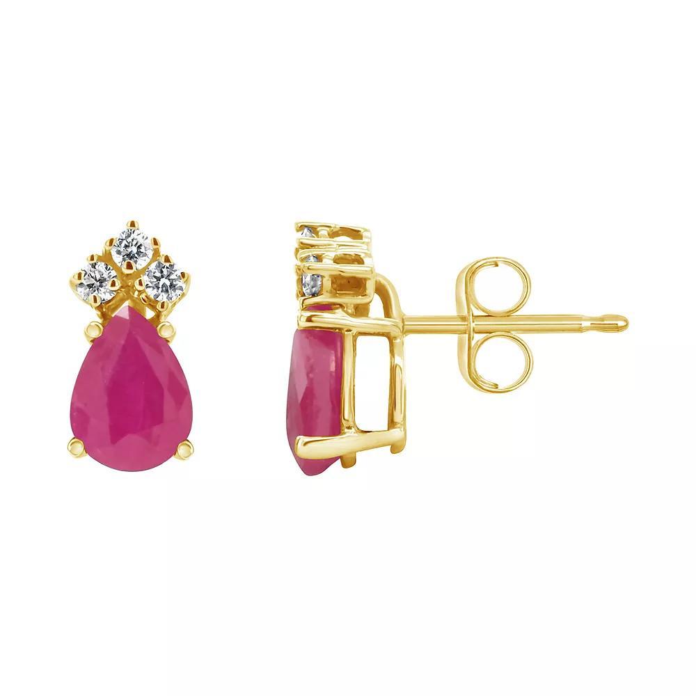 Celebration Gems 14K Yellow Gold 7x5 Pear Shaped Sapphire & 1/8 Carat T.W. Diamond Earrings, Women's, Red Product Image