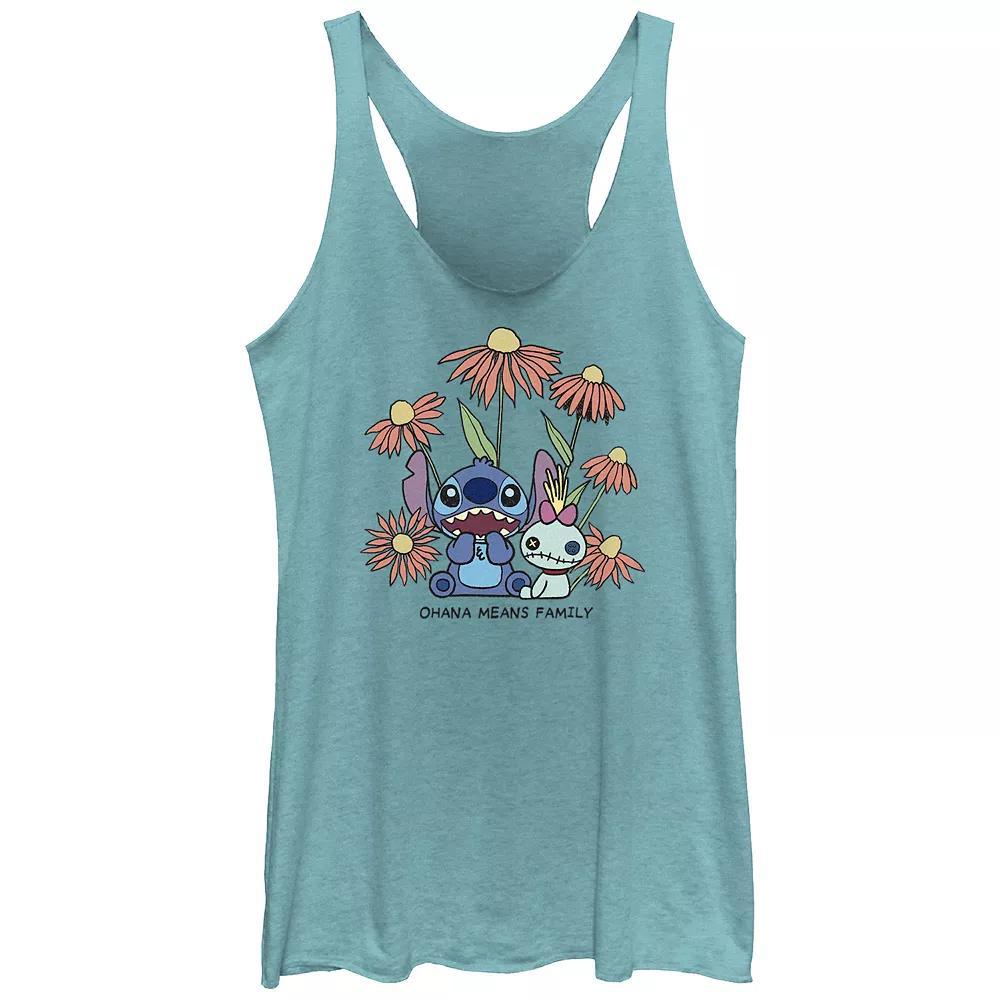 Disney's Lilo & Stitch Ohana Means Family Flower Background Juniors' Tri-Blend Racerback Tank Top, Girl's, Size: Medium, Tahiti Blue Product Image
