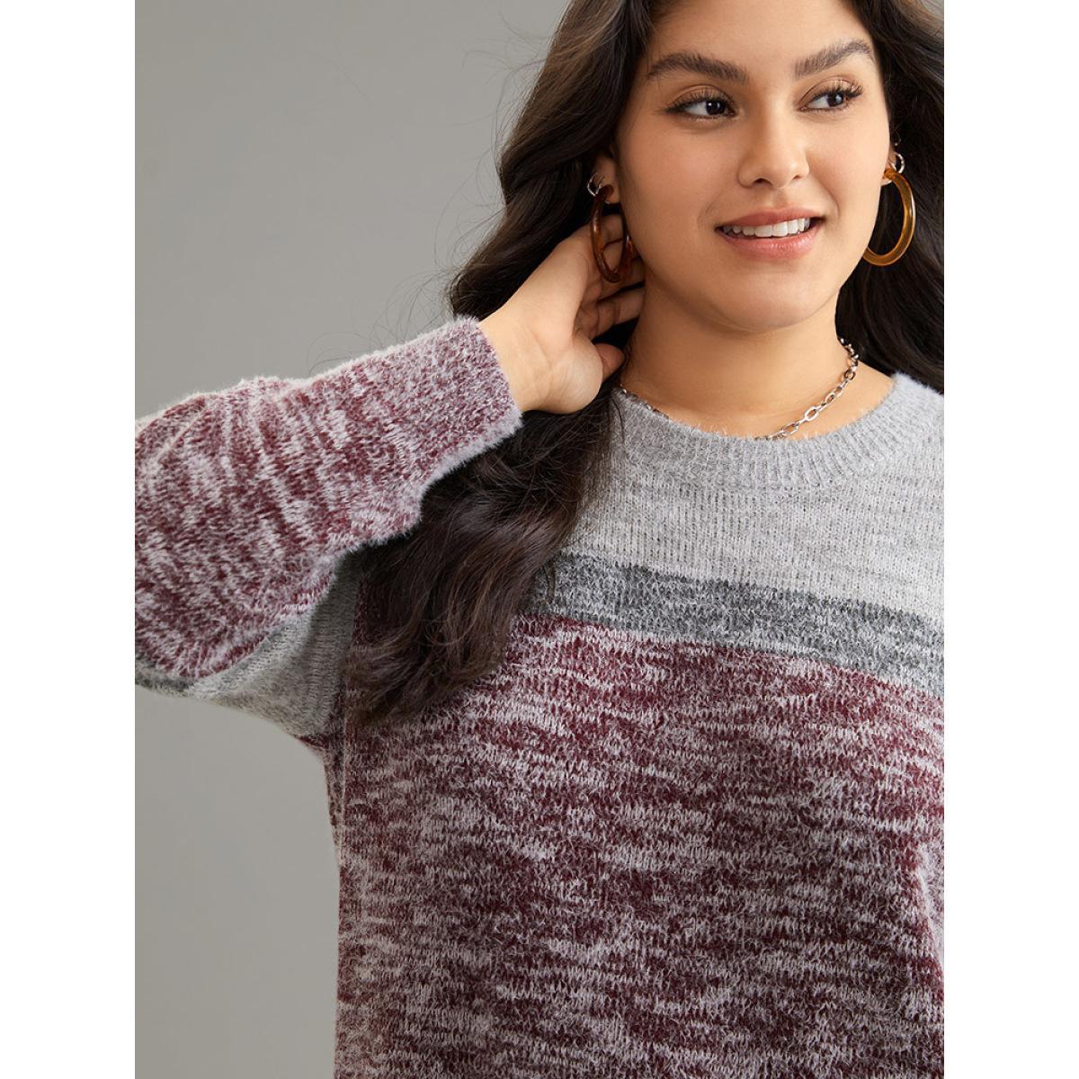 Plus Size Heather Contrast Crew Neck Drop Shoulder Pullover Burgundy Women Casual Loose Long Sleeve Round Neck Dailywear Pullovers BloomChic 22-24/3X Product Image