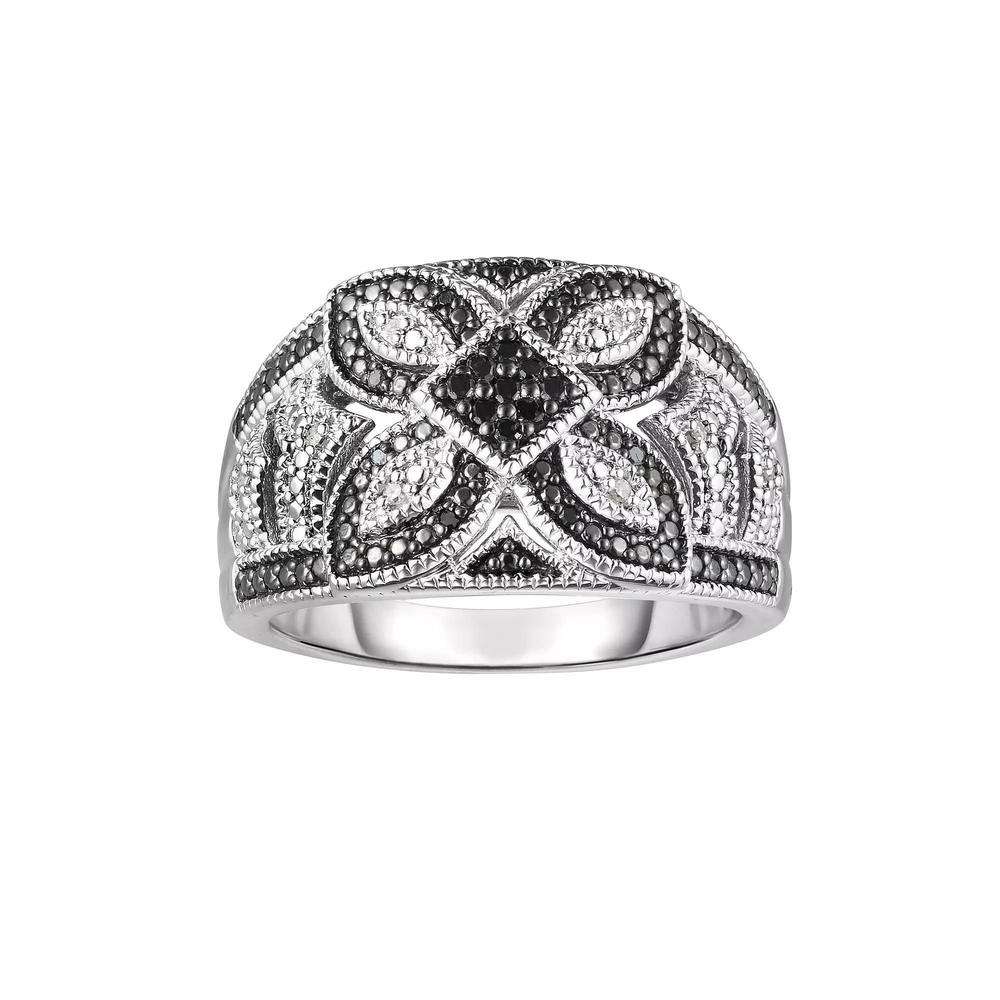 Sterling Silver 1/10 Carat T.W. Black & White Diamond Flower Ring, Women's, Size: 6, Silver Tone Product Image