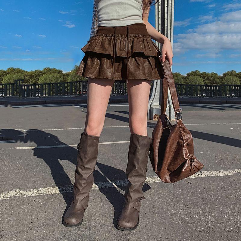 High Rise Faux Leather Layered Mini A-Line Skirt Product Image