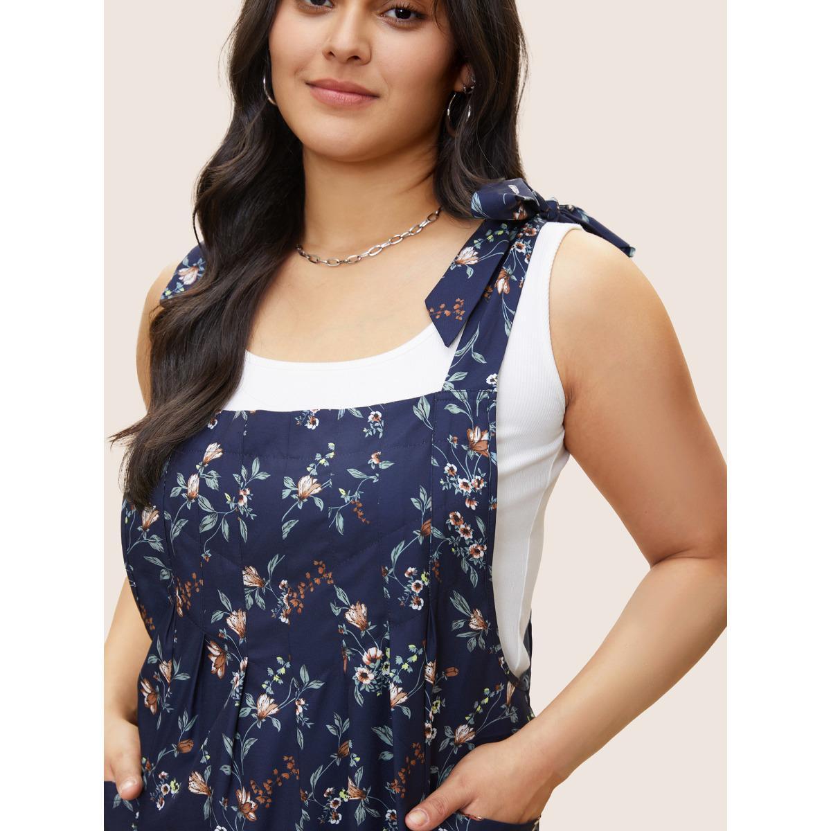 Plus Size Indigo Ditsy Floral Pleated Ties Spaghetti Strap Jumpsuit Women Casual Sleeveless Spaghetti Strap Everyday Loose Jumpsuits BloomChic 26/4X Product Image