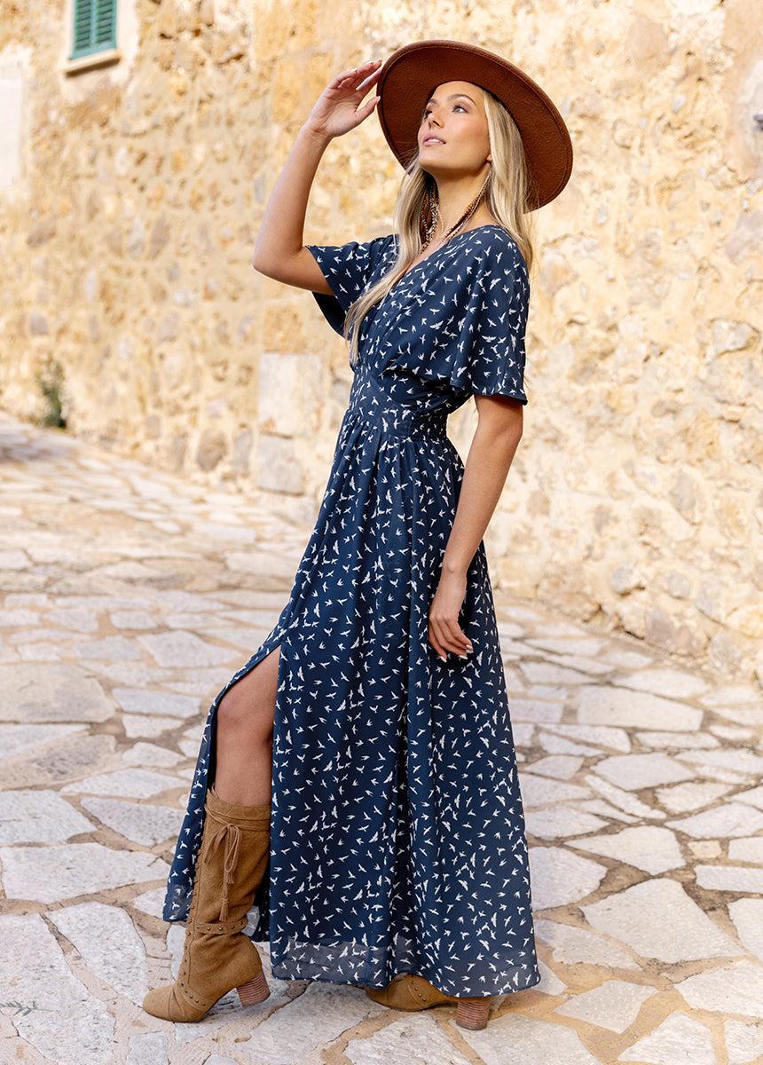 Maya Dress in Navy Bird Print Female Product Image