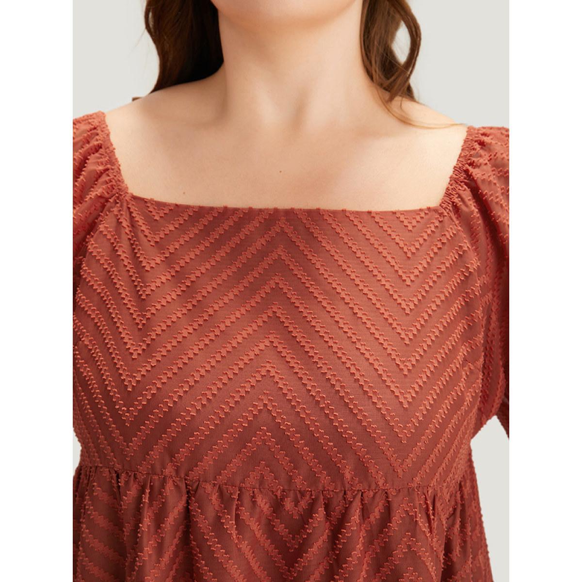 Plus Size Plisse Solid Square Neck Lantern Sleeve Dress Rust Women Office Lined Square Neck Half Sleeve Curvy Midi Dress BloomChic 10/M Product Image
