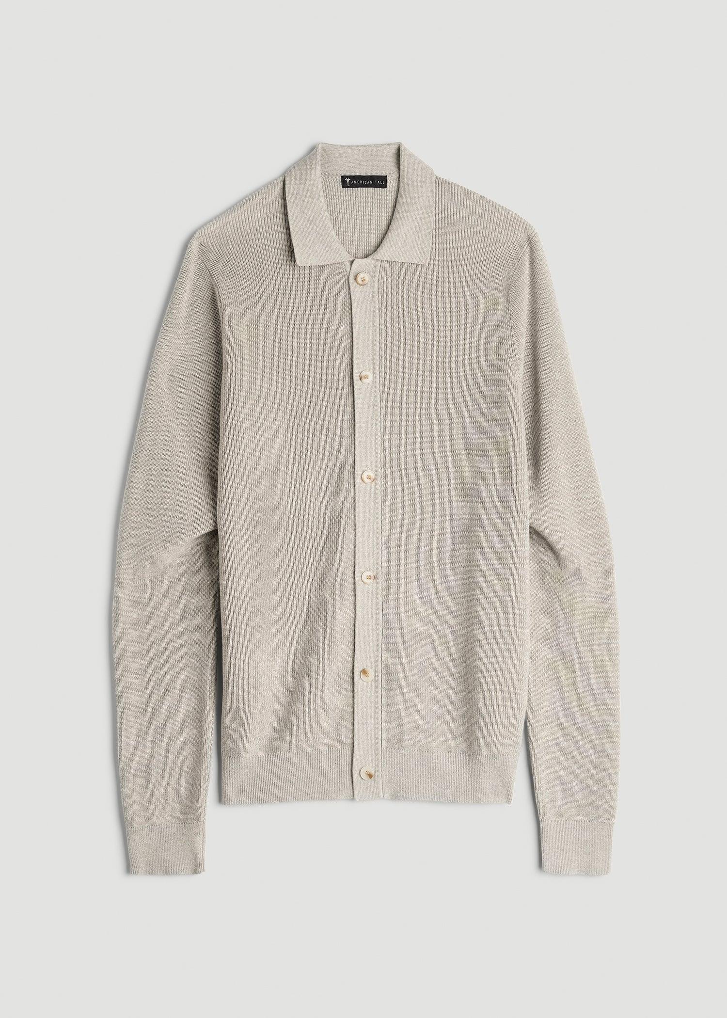Sweater Polo Cardigan for Tall Men in Cream Beige Male Product Image