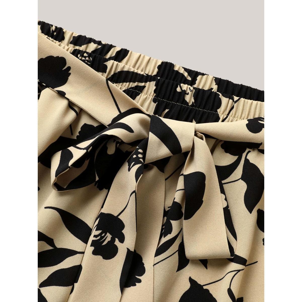 Plus Size Silhouette Floral Print Ties Side Seam Pocket Pants Women Champagne Elegant Wide Leg High Rise Everyday Pants BloomChic 28/5X Product Image