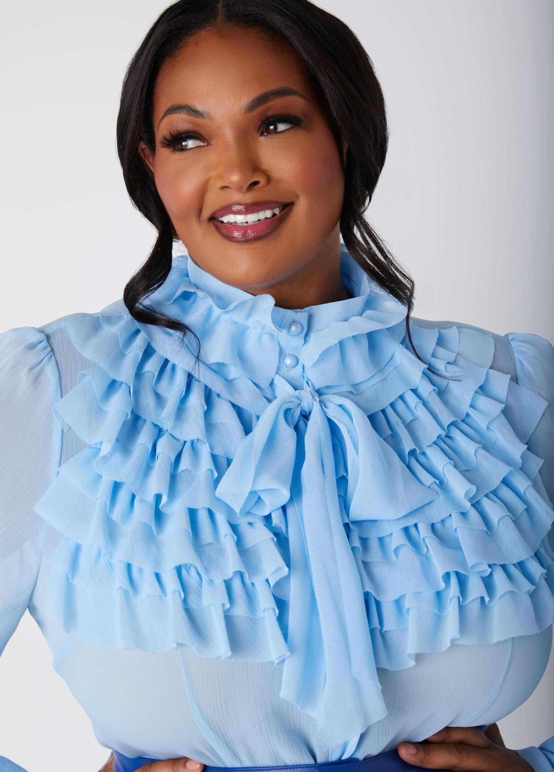 Textured Tie Neck Ruffled Shirt Product Image