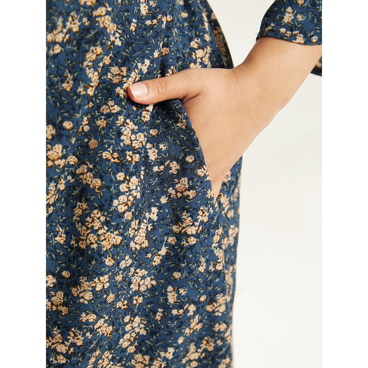 Plus Size Ditsy Floral Ruched Puff Sleeve Dress Aegean Women Elegant Printed V-neck Elbow-length sleeve Curvy Midi Dress BloomChic 30/6X Product Image