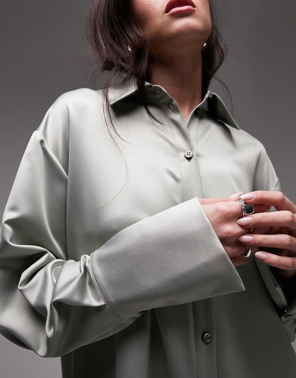 Topshop long sleeve satin shirt in light khaki Product Image