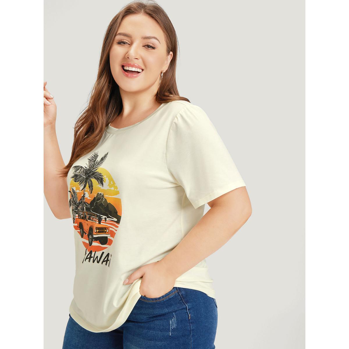 Plus Size Coconut Tree & Car Print Crew Neck T-shirt Beige Women Casual Tropical Dailywear T-shirts BloomChic 22-24/3X Product Image