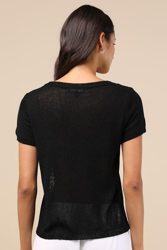 Clean Aesthetic Black Short Sleeve Sweater Top Product Image