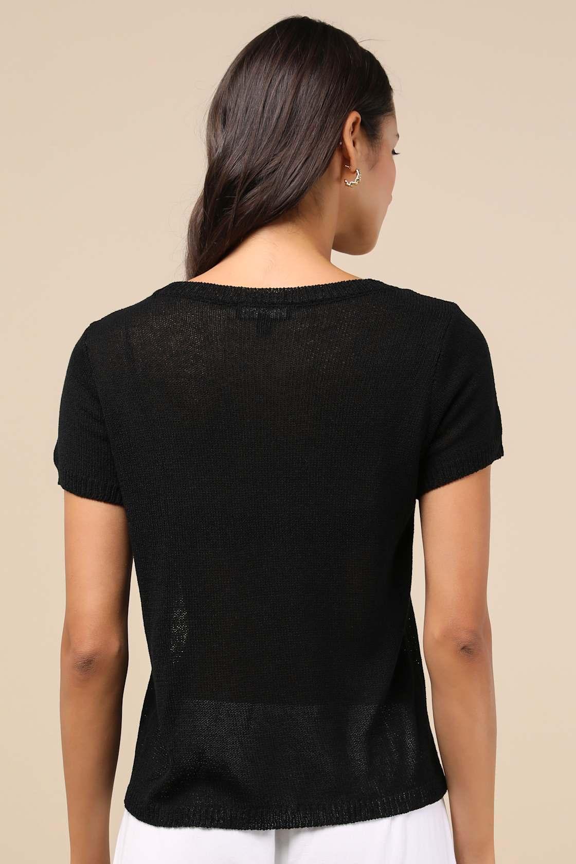 Clean Aesthetic Black Short Sleeve Sweater Top Product Image