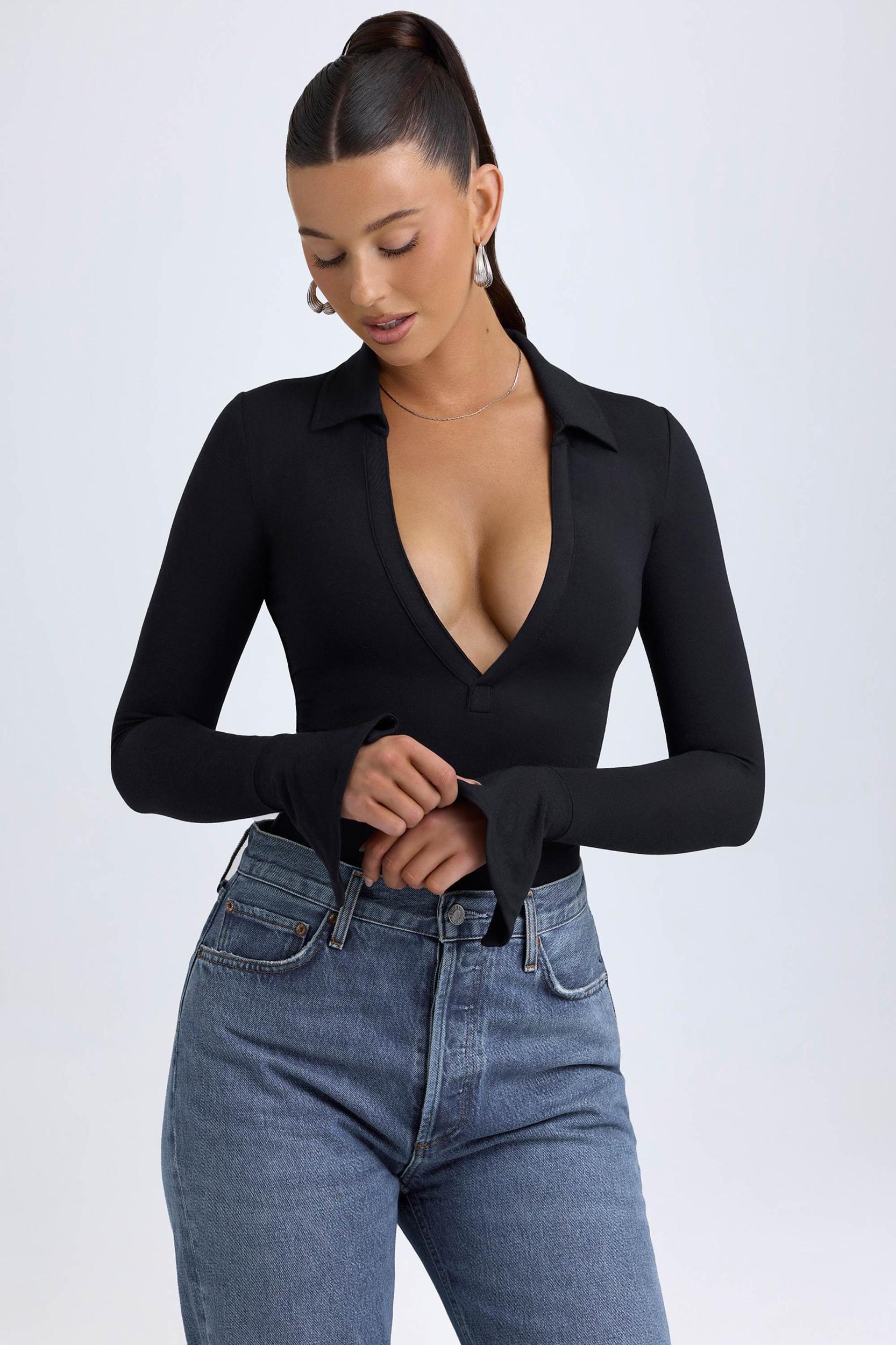 Modal Plunge V-Neck Bodysuit in Black Product Image
