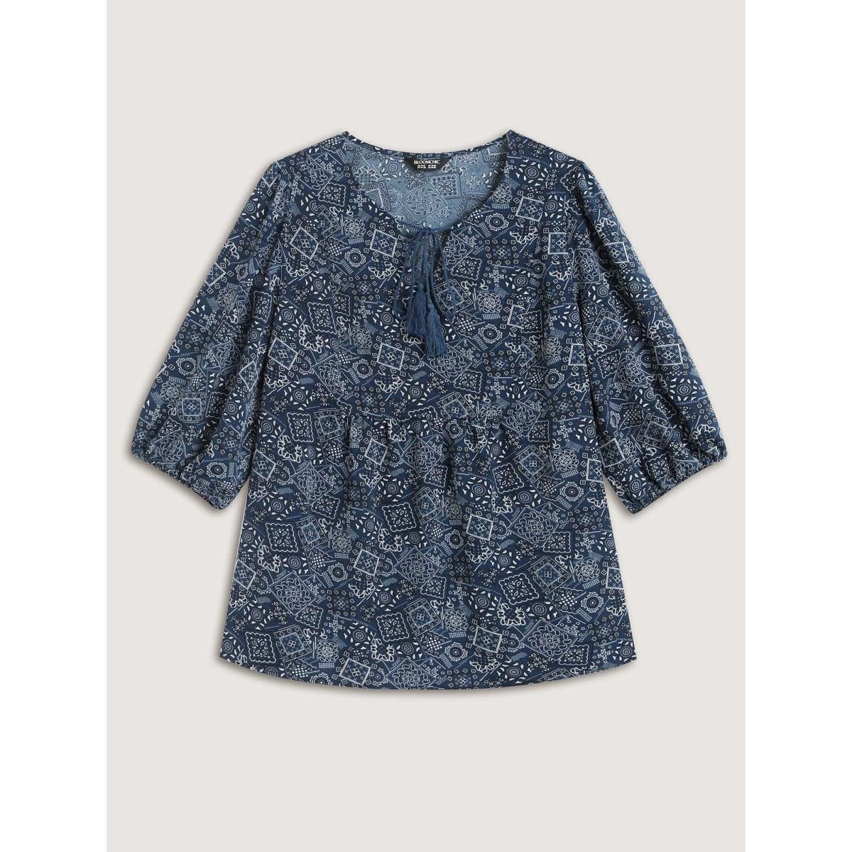 Plus Size Indigo Boho Print Neck Tie Lantern Sleeve Blouse Women Elbow-length sleeve Notched collar Vacation Blouses BloomChic 28/5X Product Image