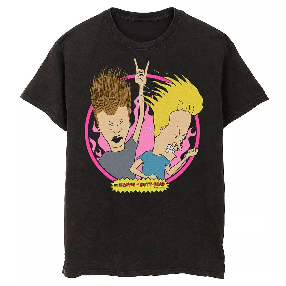 Men's Beavis And Butt-Head Flaming Background Badge Wash Graphic Tee, Size: Medium, Black Product Image