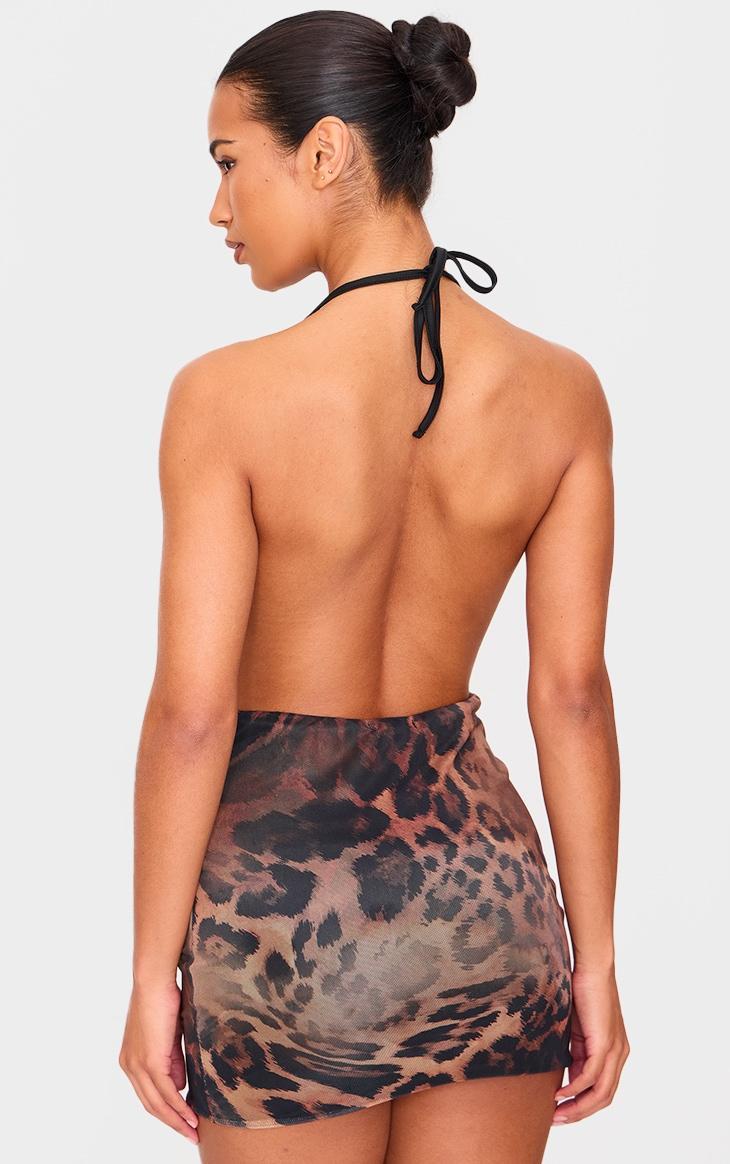 Brown Printed Slinky Cowl Neck Mini Dress Product Image