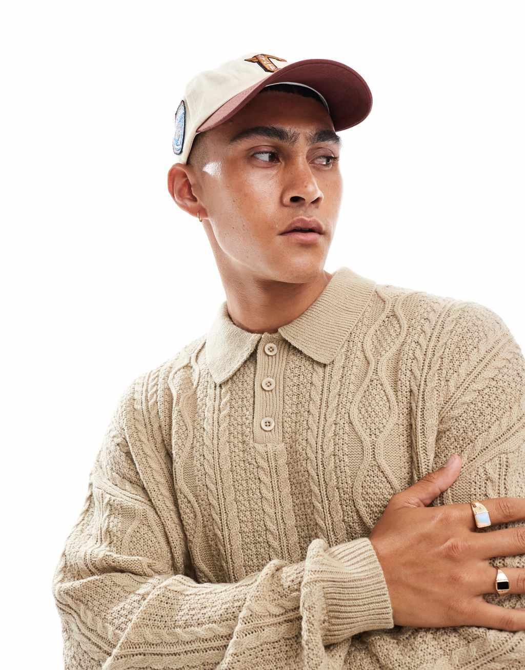 ASOS DESIGN relaxed cable knit polo sweater in stone Product Image