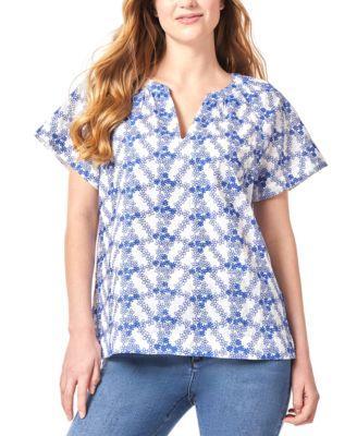 Jones New York Womens Floral-Print Shirred-Neck Popover Blouse Product Image