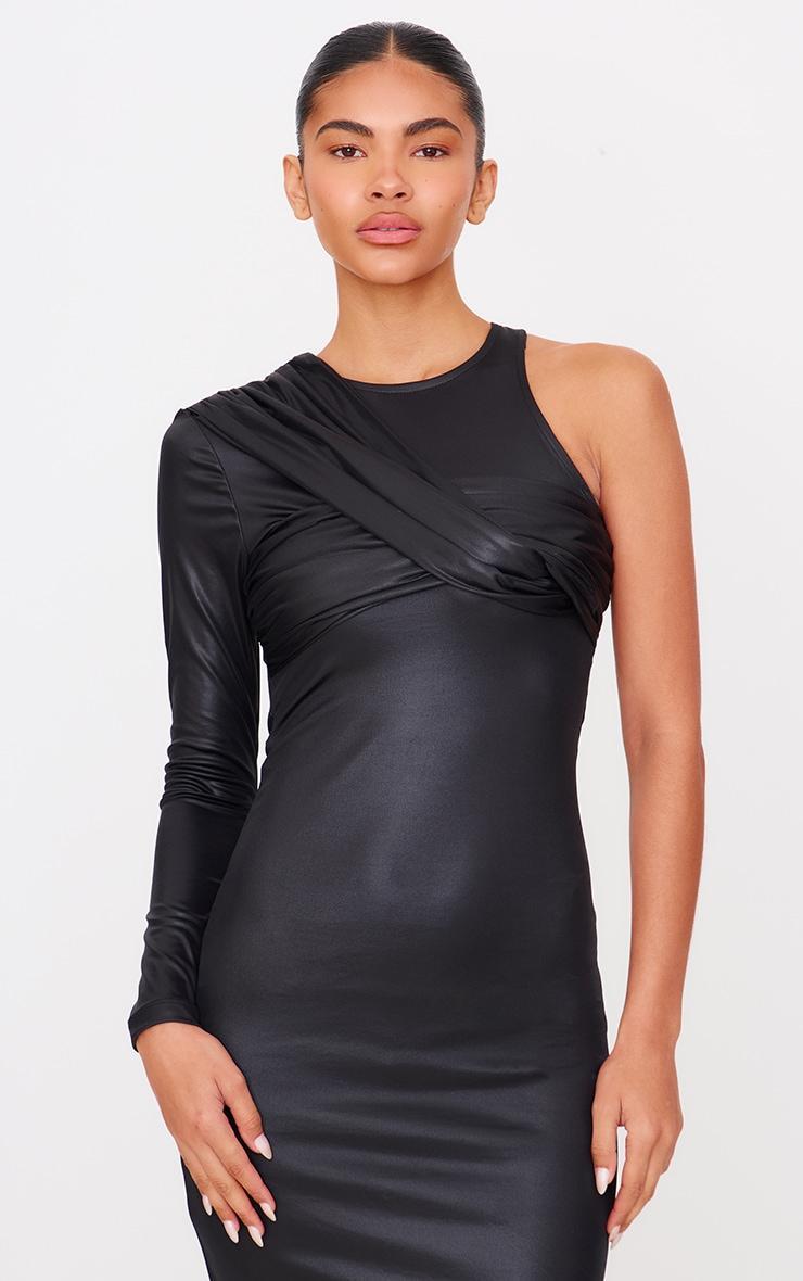 Black Foil Twist Detail One Sleeve Maxi Dress Product Image